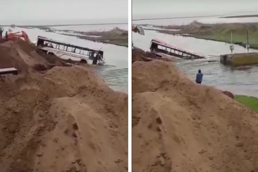 Insólito: tiran vehículos en un canal en Trenque Launquen para frenar una inundación