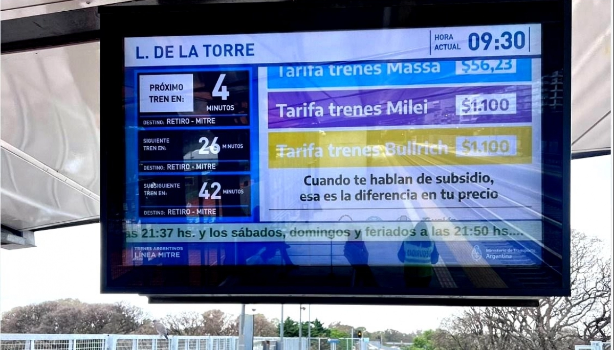 Tarifas Massa, Bullrich y Milei: polémica por la aparición de carteles en estaciones de trenes